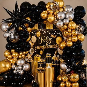 SET DE GLOBOS ARCO XL FELIZ CUMPLEA�OS NEGRO ORO Y PLATA (GY 7904) 73 UNIDADES
